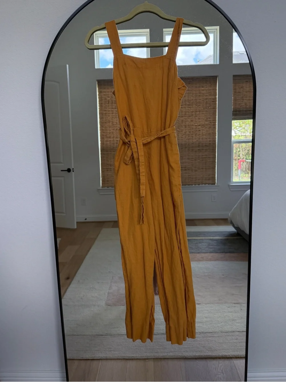 Women’s Linen Mustard Wide-Leg Jumpsuit with Tie Waist